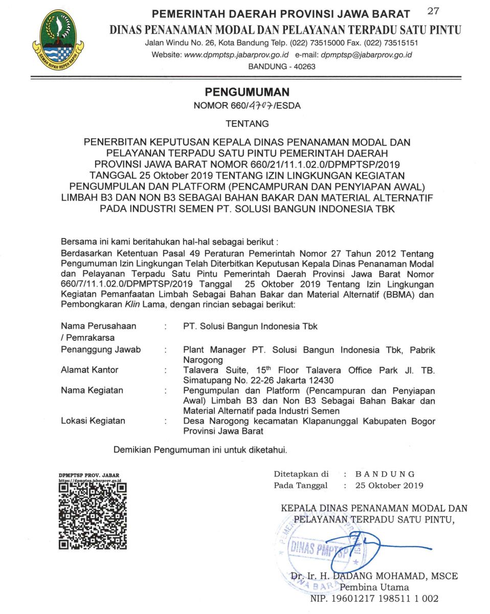 Pengumuman Izin Lingkungan PT. Solusi Bangun Indonesia Tbk