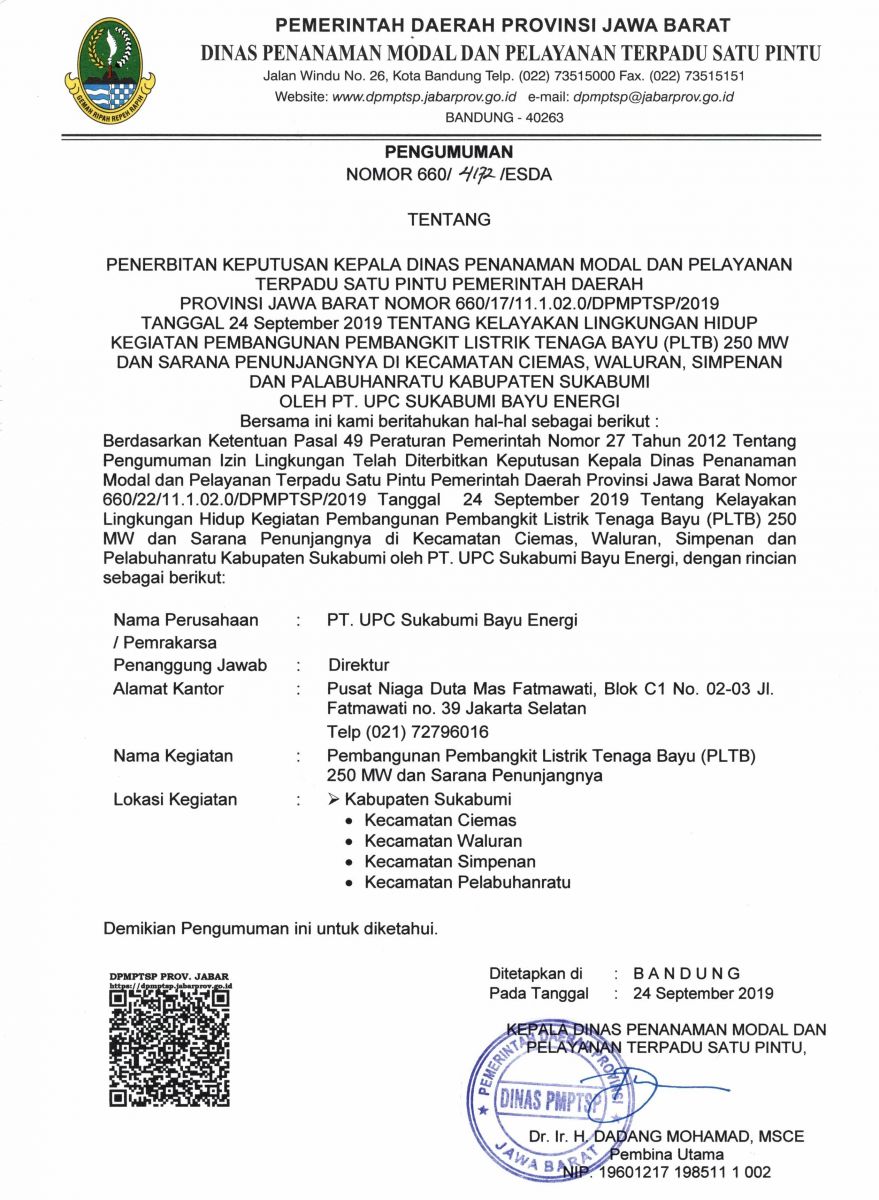 Pengumuman Izin Lingkungan PT. UPC Sukabumi Bayu Energi