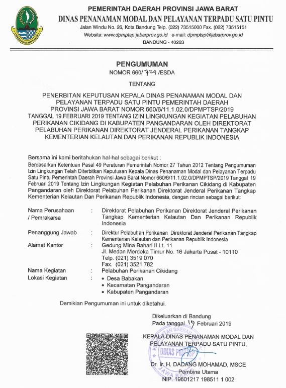 Pengumuman Izin Lingkungan Direktorat Pelabuhan Perikanan